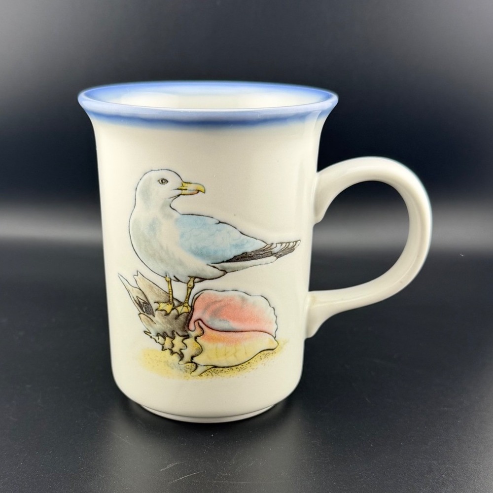 Otagiri Coffee Mug Vintage Japan Cream Blue Seagull Seashells Starfish Coastal